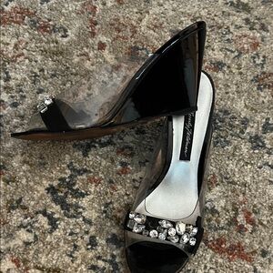 Beverly Feldman Black Wedges with Rhinestone Accents